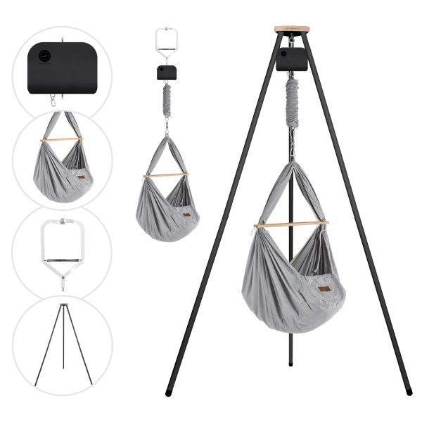 Federwiege mit Tipi Anthrazit und Türklammer Weiß und Motor Anthrazit Bio Grey Schafwollmatratze