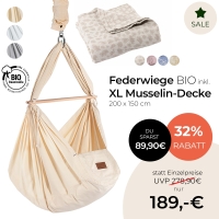 Federwiege mit Deckenbefestigung und Musselin Tagesdecke